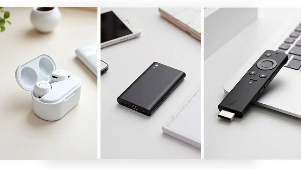 A collage of three affordable tech products: wireless earbuds, a power bank, and a streaming stick, arranged on a tidy desk with a modern, minimalist aesthetic.