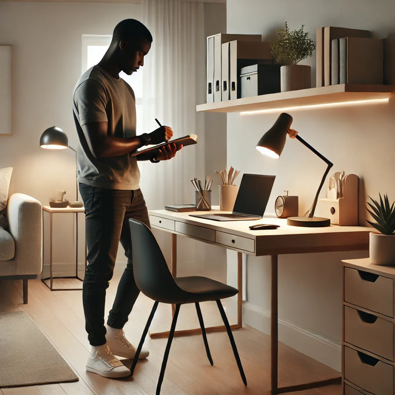 A person setting up a home office on a budget, featuring a modern desk setup with a laptop, notepad, and essential gadgets. Minimalistic home office design with a comfortable chair, potted plant, and neutral decor, ideal for a productive and efficient home workspace