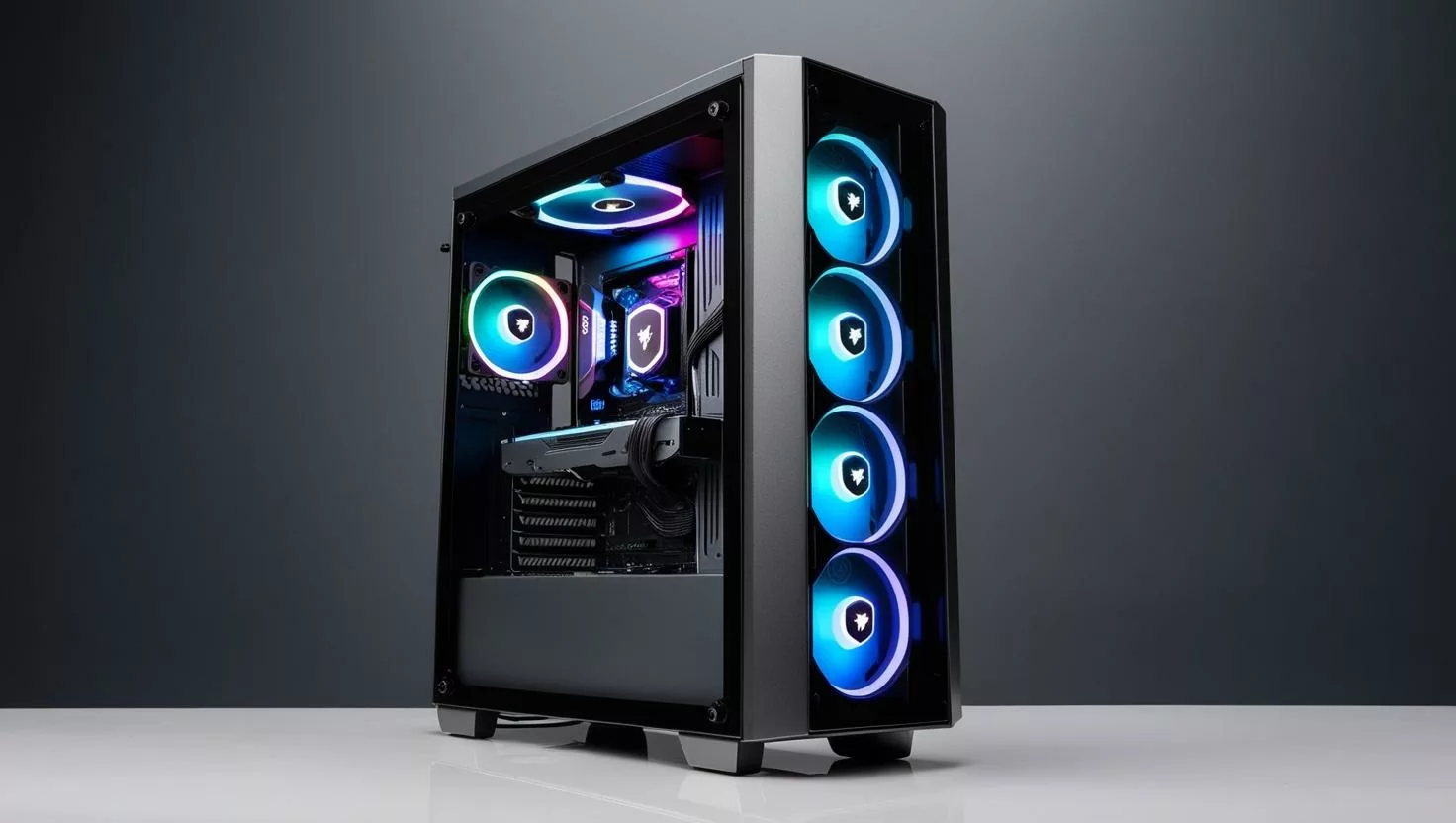 A budget gaming PC with RGB lighting, a transparent side panel, and multiple cooling fans, optimized for high performance at an affordable price