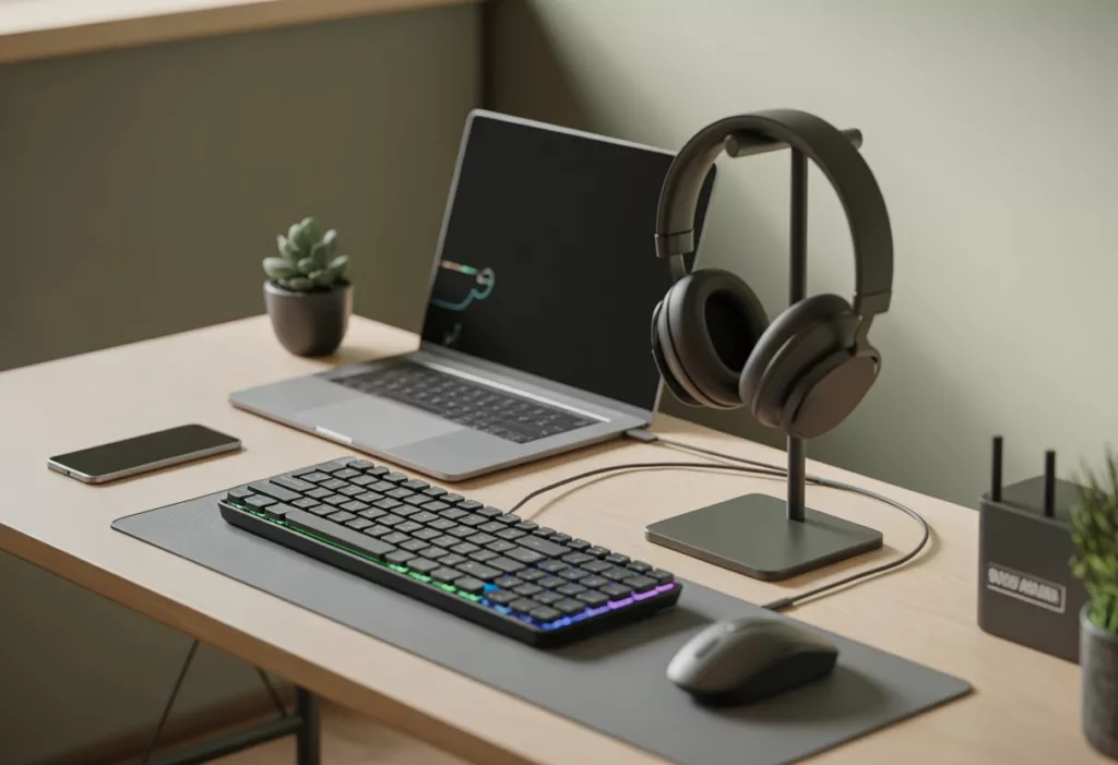 A modern workspace with a laptop, mechanical keyboard, wireless mouse, headphones on a stand, and a small plant on a clean desk.
