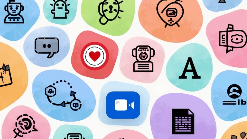 A colorful collage showing icons of various free AI tools, such as chatbots, image creators, translation apps, and document editors, with vibrant backgrounds.