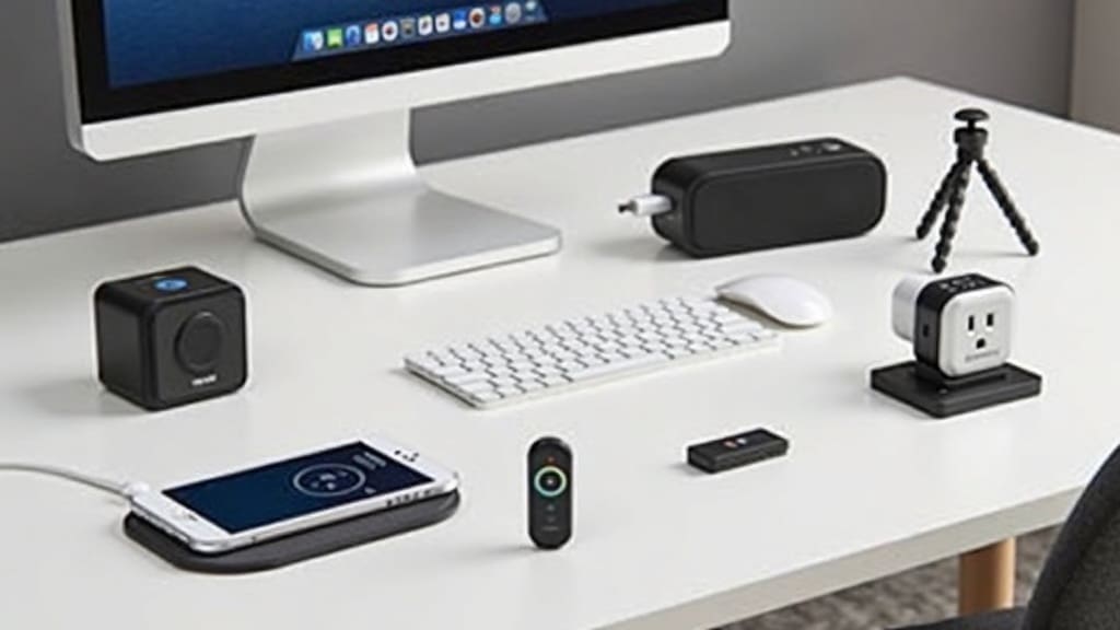 A variety of tech gadgets under $50 arranged on a wooden desk with a wireless mouse, smart plugs, Bluetooth speaker, LED light strip, compact tripod, and more.