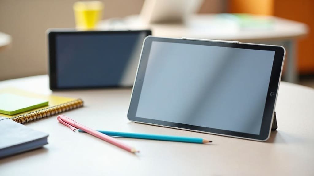 A collection of budget tablets for students on a school desk with accessories like stylus pens and notebooks.
